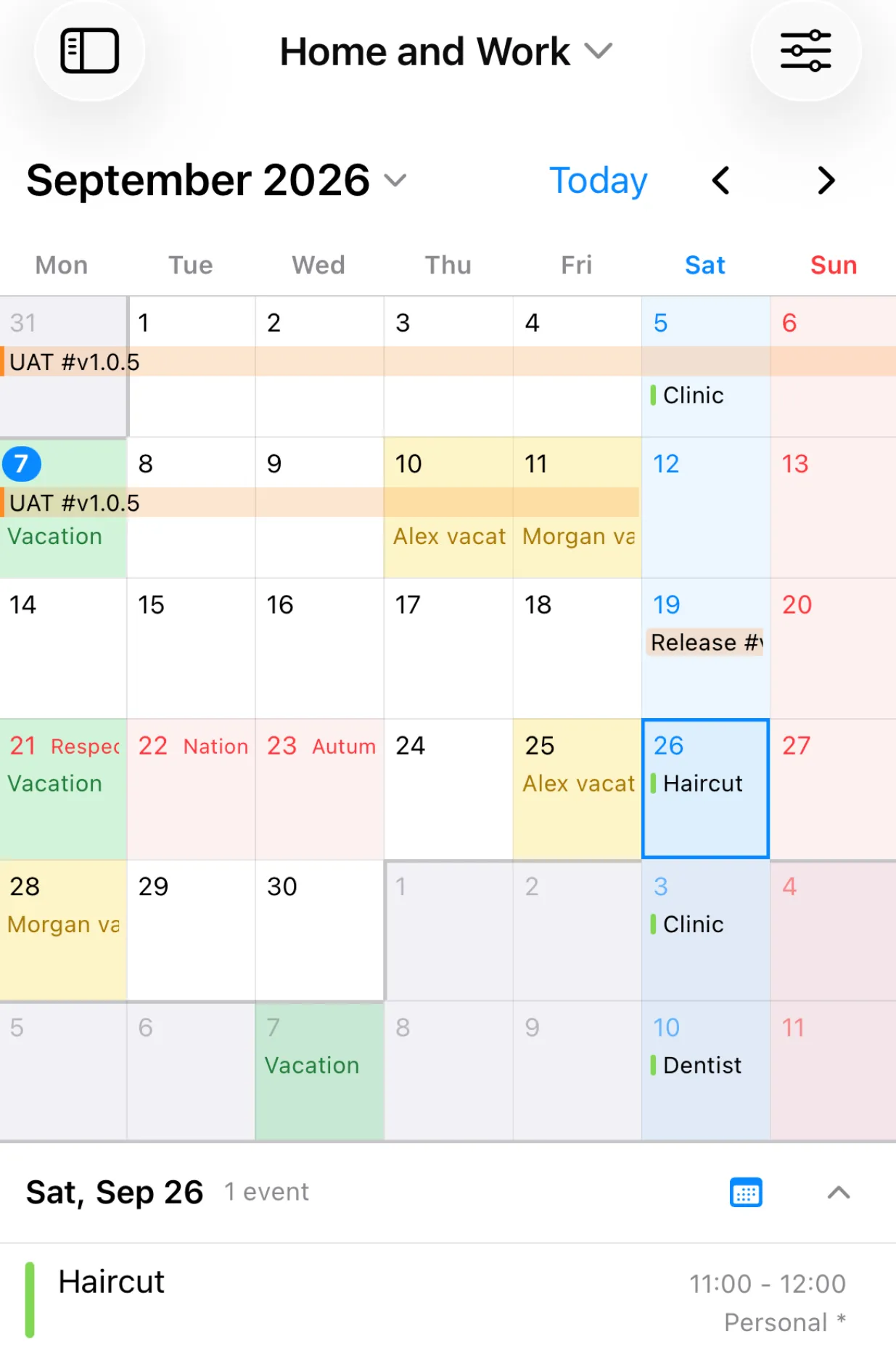 A month view where holidays, my days off and my colleagues' time off are filled in different colors
