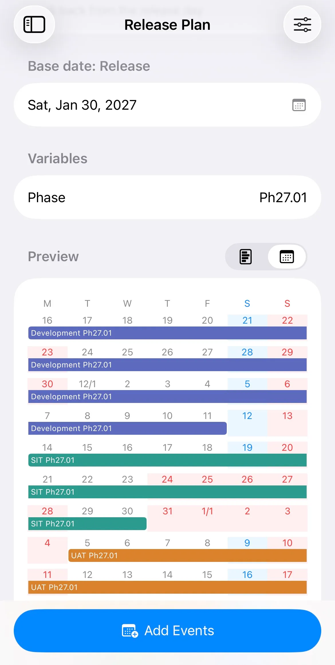 The template editor, with a base date, a variable for the phase name, and a preview of the development, SIT and UAT periods laid out week by week